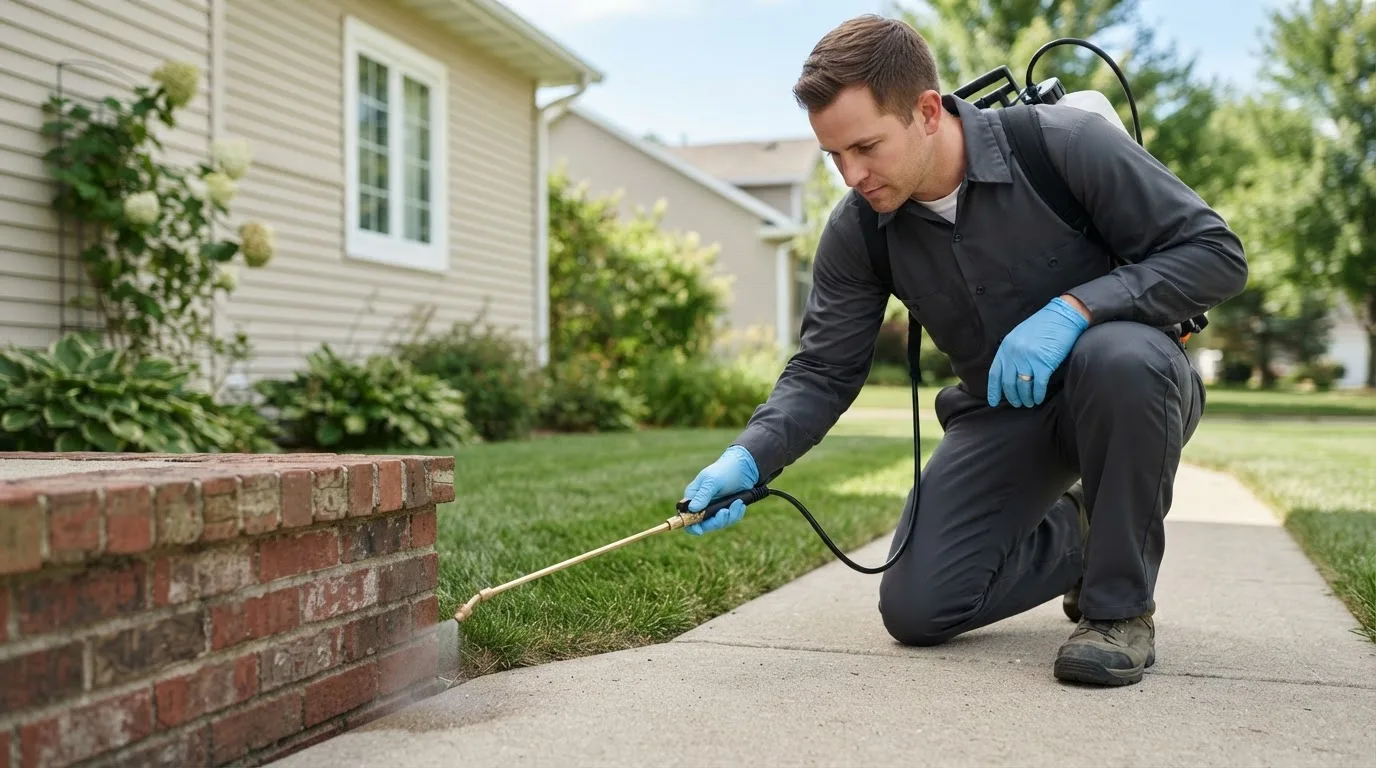 Pest control technician treating a home near Lewisville, IN