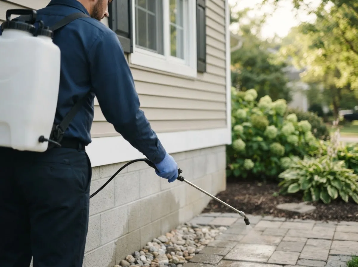 Pest control technician inspecting a home in Lewisville, IN